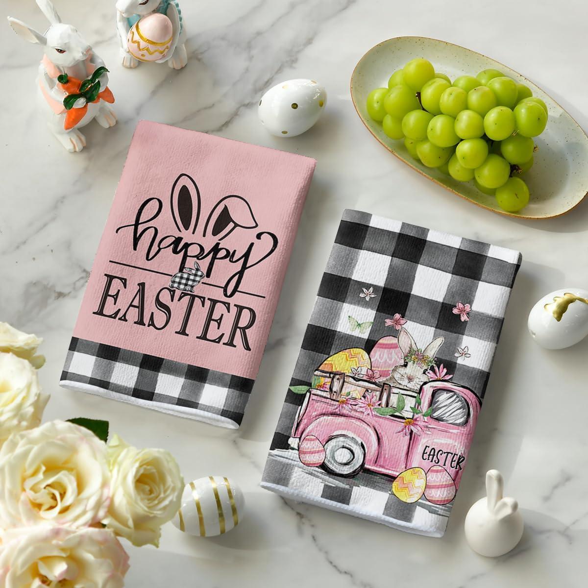 image:imageArtoid Mode Buffalo Plaid Rabbit Carrot Truck Bunny Eggs Easter Spring Kitchen Towels Dish Towels 18x26 Inch Farmhouse Summer Decoration Cleaning Set of 4