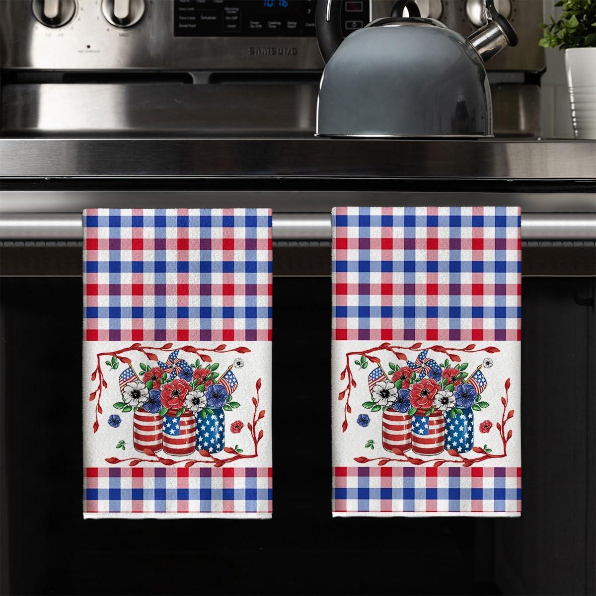 image:imageArtoid Mode Colorful Checkered Vase Floral 4th of July Kitchen Towels Dish Towels 18x26 Inch Independence Day Decoration Cleaning Set of 2RedBlue