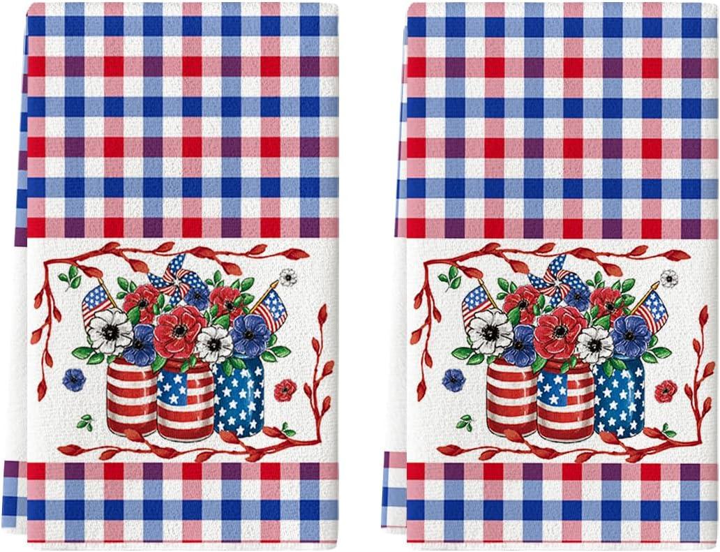 image:imageArtoid Mode Colorful Checkered Vase Floral 4th of July Kitchen Towels Dish Towels 18x26 Inch Independence Day Decoration Cleaning Set of 2RedBlue