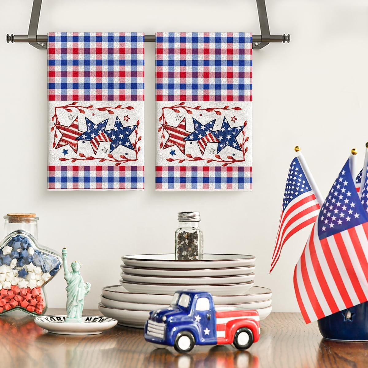 image:imageArtoid Mode Colorful Checkered Vase Floral 4th of July Kitchen Towels Dish Towels 18x26 Inch Independence Day Decoration Cleaning Set of 2RedBlue