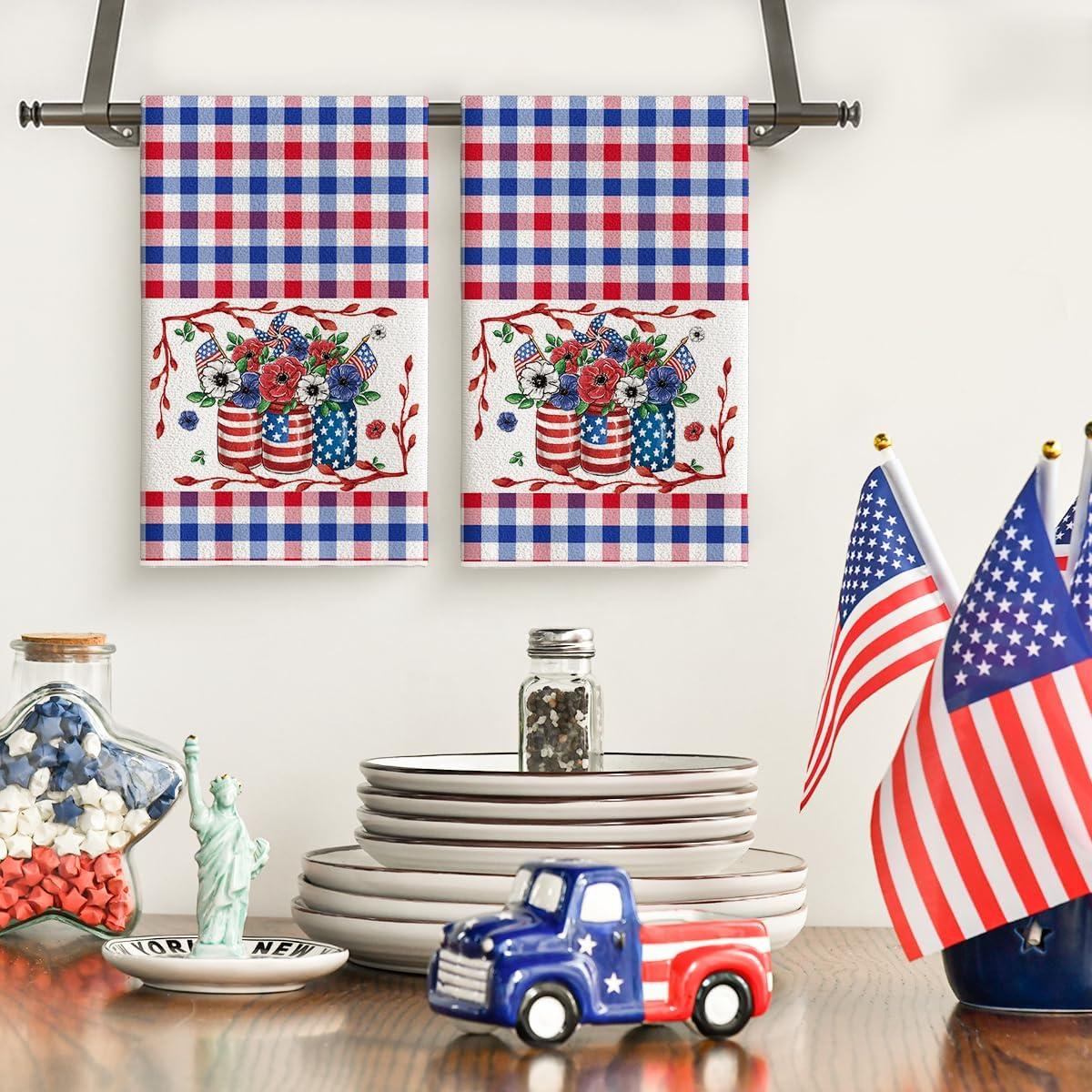image:imageArtoid Mode Colorful Checkered Vase Floral 4th of July Kitchen Towels Dish Towels 18x26 Inch Independence Day Decoration Cleaning Set of 2RedBlue