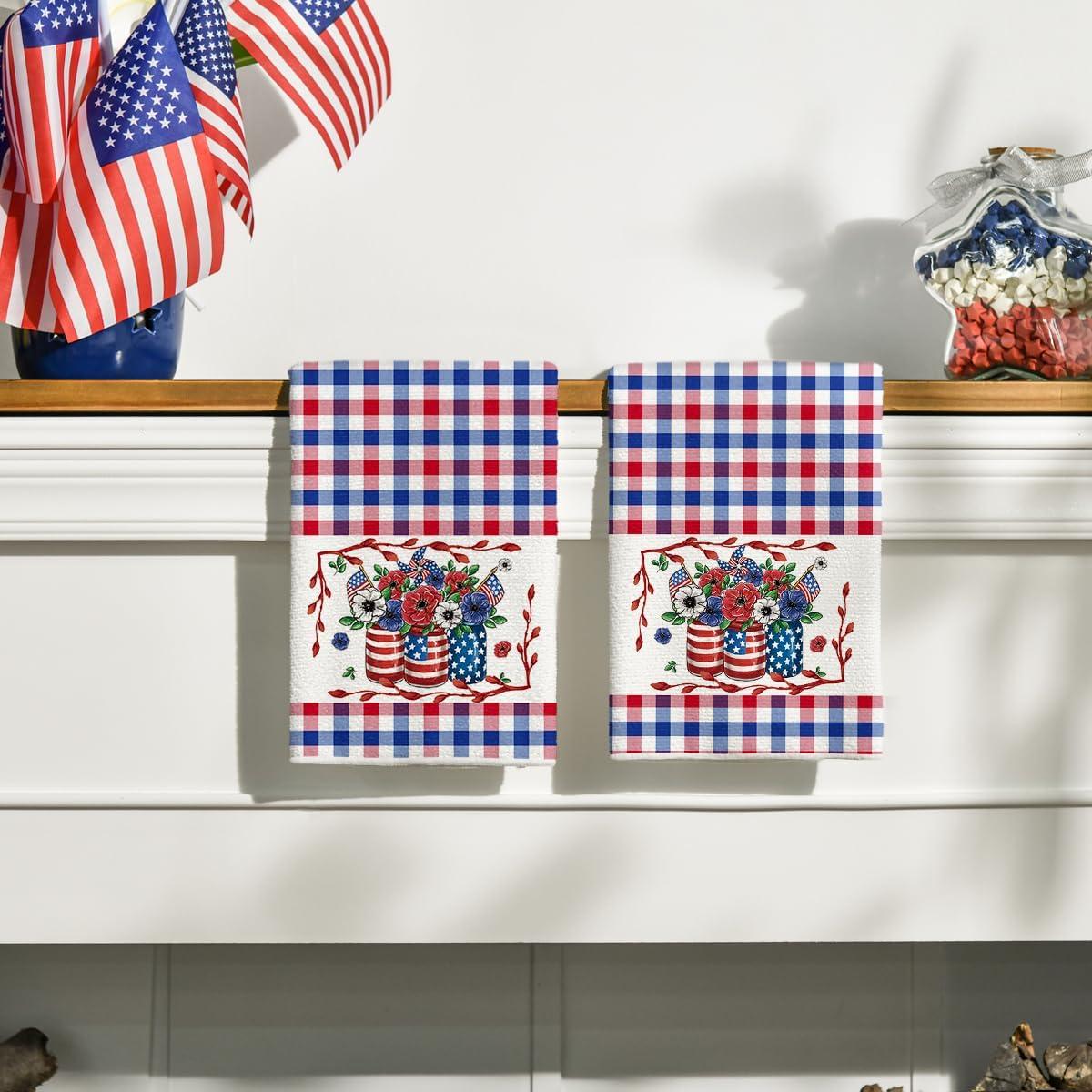 image:imageArtoid Mode Colorful Checkered Vase Floral 4th of July Kitchen Towels Dish Towels 18x26 Inch Independence Day Decoration Cleaning Set of 2RedBlue