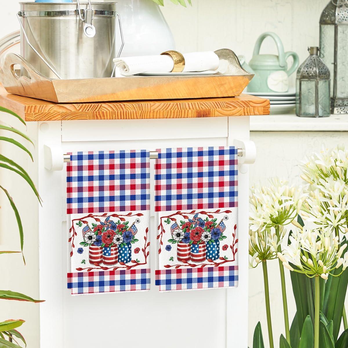 image:imageArtoid Mode Colorful Checkered Vase Floral 4th of July Kitchen Towels Dish Towels 18x26 Inch Independence Day Decoration Cleaning Set of 2RedBlue