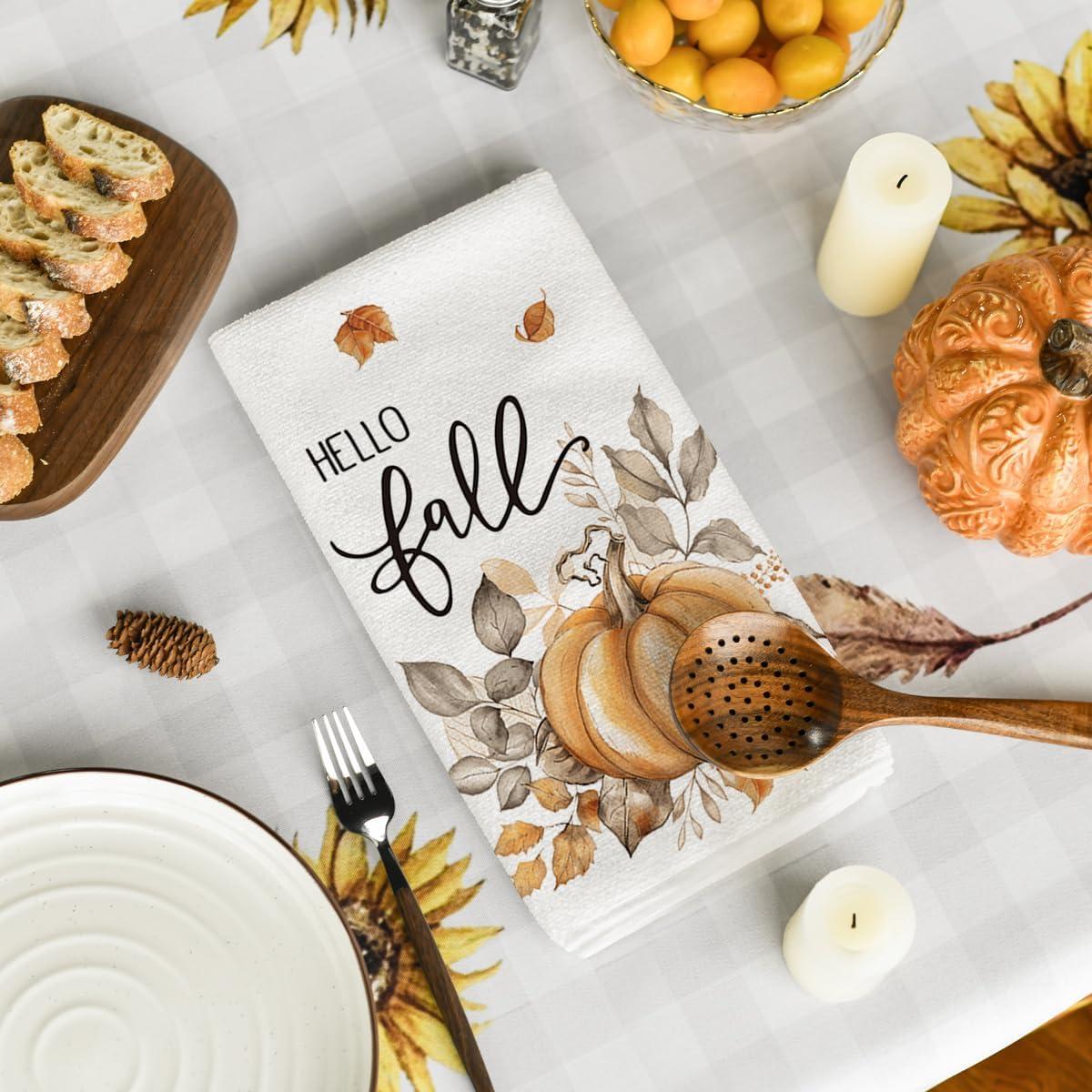image:imageArtoid Mode Pumpkin Hello Fall Kitchen Towels Dish Towels 18x26 Inch Autumn Blessed Floral Leaves Decoration Hand Towels Set of 4