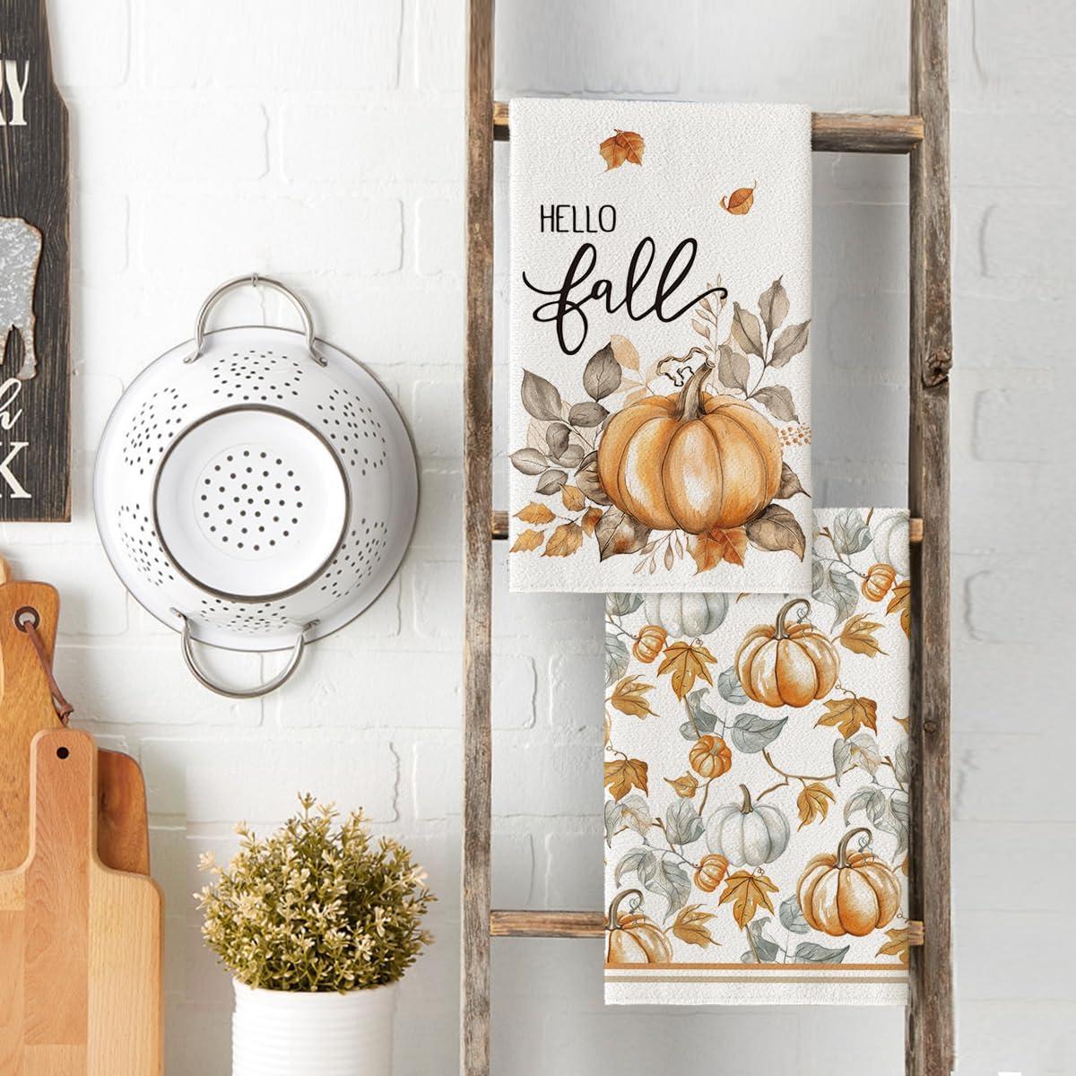 image:imageArtoid Mode Pumpkin Hello Fall Kitchen Towels Dish Towels 18x26 Inch Autumn Blessed Floral Leaves Decoration Hand Towels Set of 4