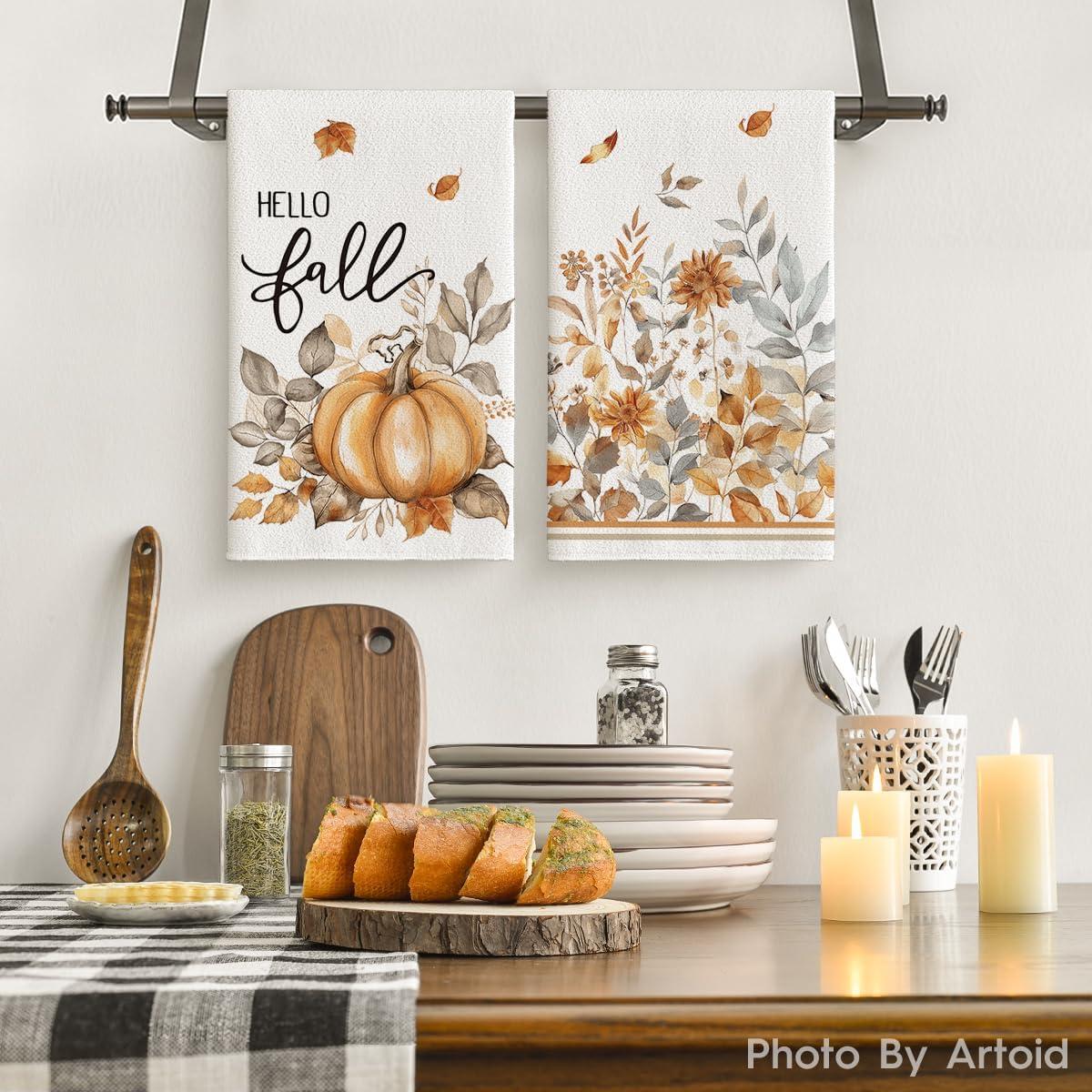 image:imageArtoid Mode Pumpkin Hello Fall Kitchen Towels Dish Towels 18x26 Inch Autumn Blessed Floral Leaves Decoration Hand Towels Set of 4