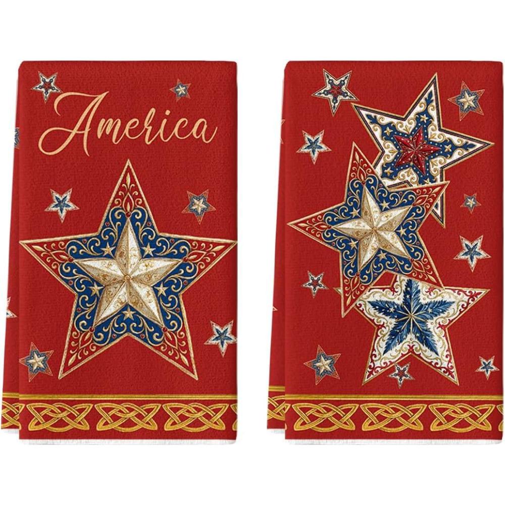 image:imageArtoid Mode Beige Lace Star America 4th of July Kitchen Towels Dish Towels 18x26 Inch Independence Day Decoration Cleaning Set of 2Red