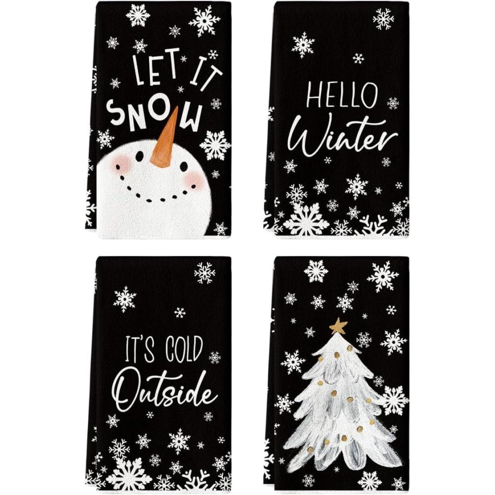 image:imageArtoid Mode Black Cute Snowman Hello Winter Kitchen Towels Dish Towels 18x26 Inch Farmhouse Holiday Snowflake Decoration Cleaning Set of 4Black
