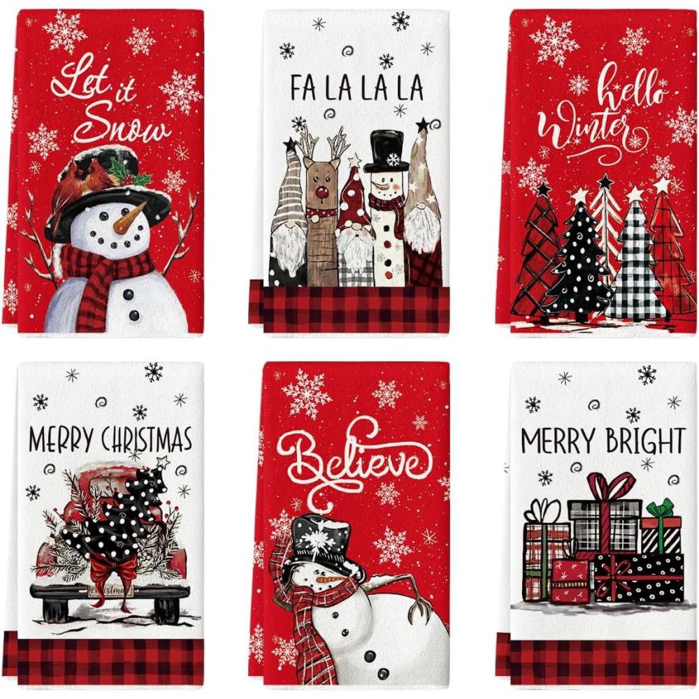 image:imageArtoid Mode Black Snowman Xmas Trees Santa Claus Truck Merry Christmas Kitchen Towels Dish Towels 18x26 Inch Farmhouse Decoration Hand Towels Set of 6Red