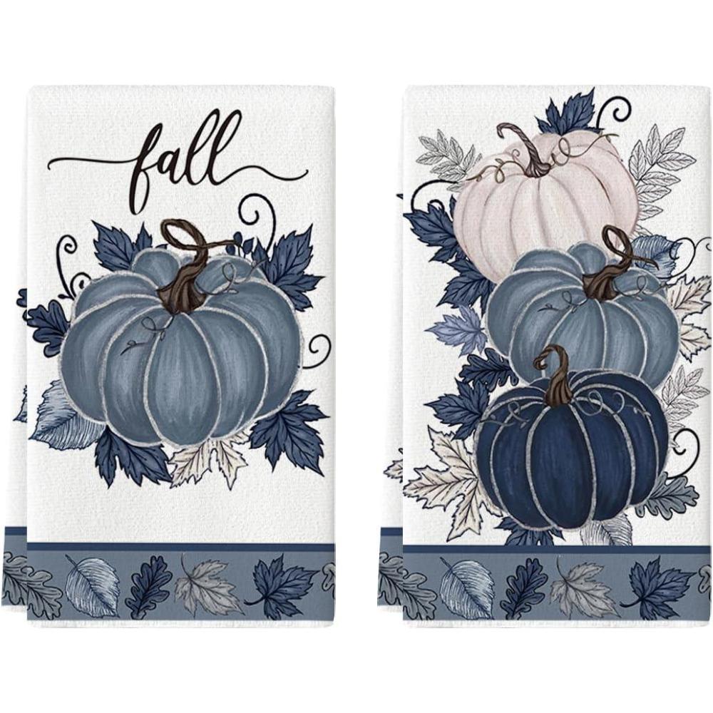 image:imageArtoid Mode Blue Leaves Pumpkin Fall Kitchen Towels Dish Towels 18x26 Inch Farmhouse Autumn Decoration Hand Towels Set of 2Blue