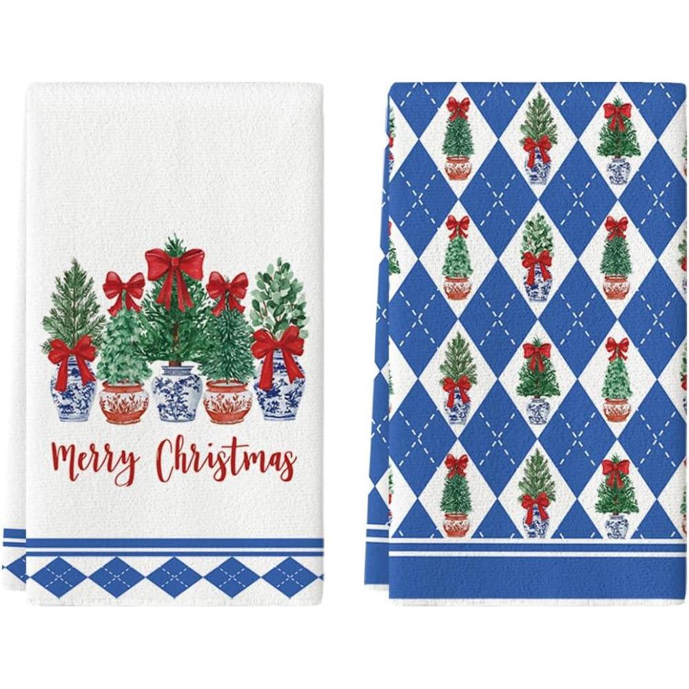 image:imageArtoid Mode Blue Lingge Xmas Tree Vase Christmas Kitchen Towels Dish Towels 18x26 Inch Farmhouse Winter Decoration Cleaning Set of 2