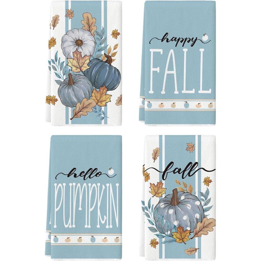 image:imageArtoid Mode Blue Stripes Polka Dot Pumpkin Fall Kitchen Towels Dish Towels 18x26 Inch Farmhouse Maple Leaves Autumn Decoration Hand Towels Set of 4Blue