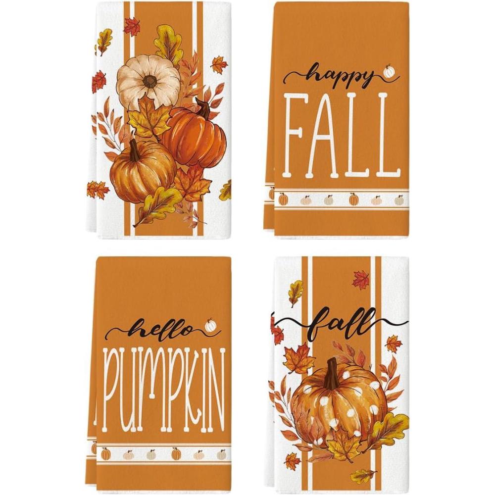 image:imageArtoid Mode Blue Stripes Polka Dot Pumpkin Fall Kitchen Towels Dish Towels 18x26 Inch Farmhouse Maple Leaves Autumn Decoration Hand Towels Set of 4Orange
