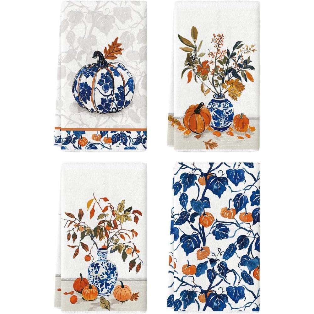 image:imageArtoid Mode Blue Vase Pumpkin Fall Kitchen Towels Dish Towels 18x26 Inch Autumn Floral Leaves Decoration Hand Towels Set of 4