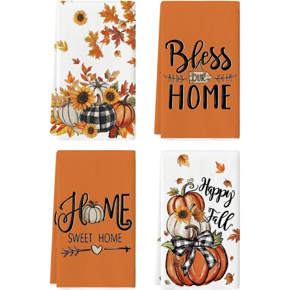 image:imageArtoid Mode Buffalo Plaid Bowknot Pumpkin Fall Kitchen Towels Dish Towels 18x26 Inch Farmhouse Leaves Autumn Decoration Hand Towels Set of 4