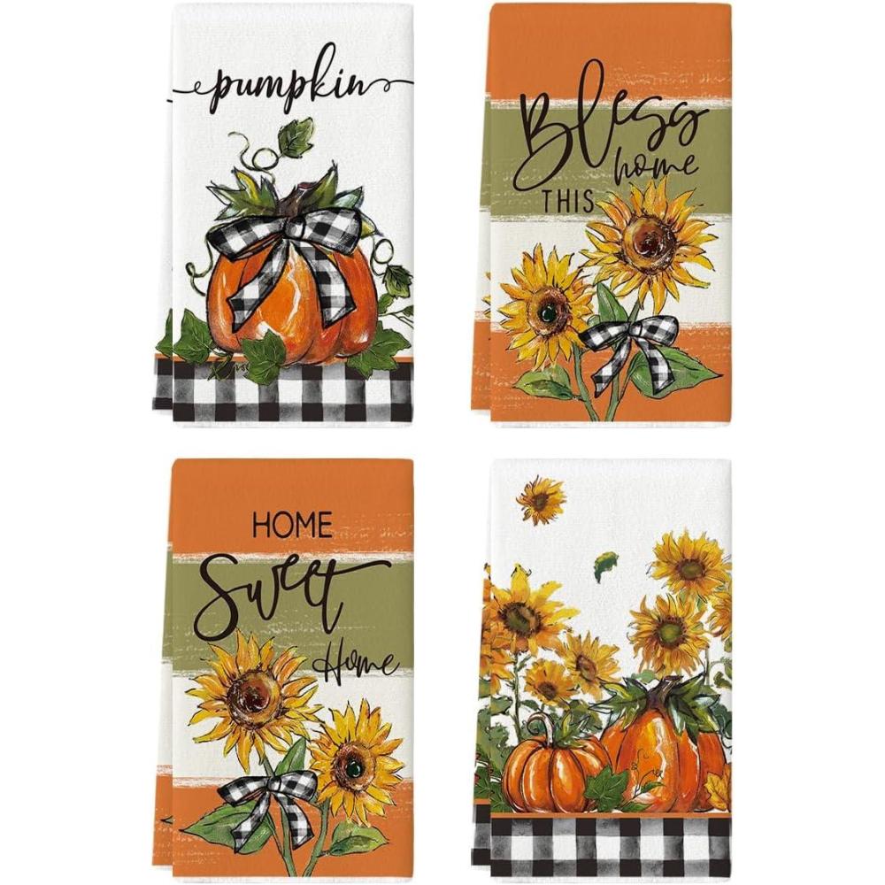 image:imageArtoid Mode Buffalo Plaid Bowknot Pumpkin Fall Kitchen Towels Dish Towels 18x26 Inch Thanksgiving Sunflower Decoration Hand Towels Set of 4Orange
