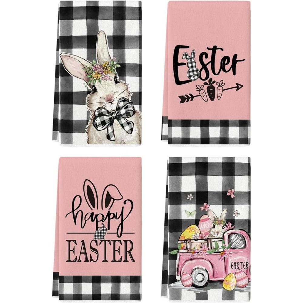 image:imageArtoid Mode Buffalo Plaid Rabbit Carrot Truck Bunny Eggs Easter Spring Kitchen Towels Dish Towels 18x26 Inch Farmhouse Summer Decoration Cleaning Set of 4