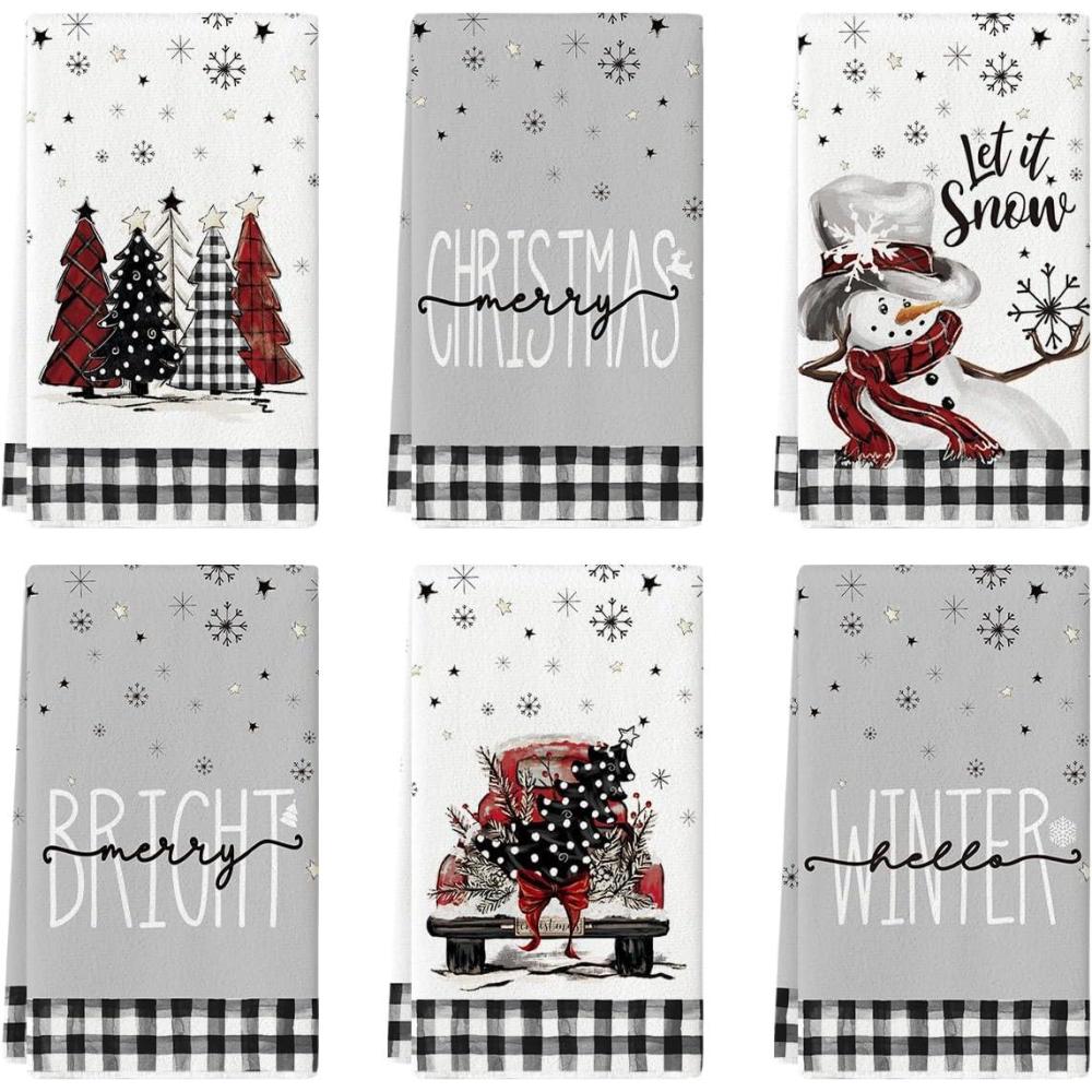 image:imageArtoid Mode Buffalo Plaid Xmas Trees Snowman Truck Merry Christmas Kitchen Towels Dish Towels 18x26 Inch Farmhouse Decoration Hand Towels Set of 6BlackBeige