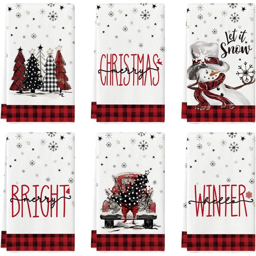 image:imageArtoid Mode Buffalo Plaid Xmas Trees Snowman Truck Merry Christmas Kitchen Towels Dish Towels 18x26 Inch Farmhouse Decoration Hand Towels Set of 6RedBeige