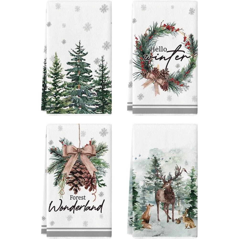 image:imageArtoid Mode Elk Trees Pine Cones Holly Berry Hello Winter Kitchen Towels Dish Towels 18x26 Inch Bowknot Christmas Decoration Hand Towels Set of 4Beige
