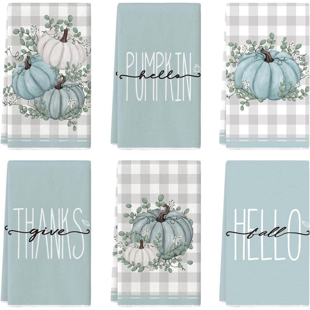 image:imageArtoid Mode Eucalyptus Leaves Hello Pumpkin Fall Kitchen Towels Dish Towels 18x26 Inch Seasonal Give Thanks Decoration Hand Towels Set of 6Blue