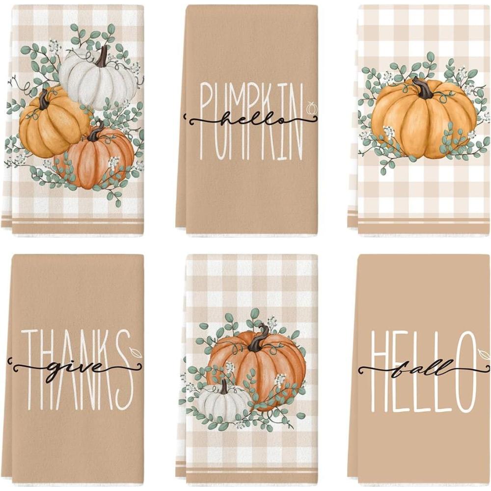 image:imageArtoid Mode Eucalyptus Leaves Hello Pumpkin Fall Kitchen Towels Dish Towels 18x26 Inch Seasonal Give Thanks Decoration Hand Towels Set of 6Orange