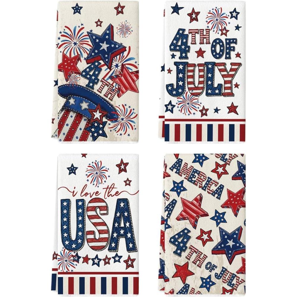 image:imageArtoid Mode Fireworks Stripes Hat Star 4th of July Kitchen Towels Dish Towels 18x26 Inch Independence Day Decoration Cleaning Set of 4