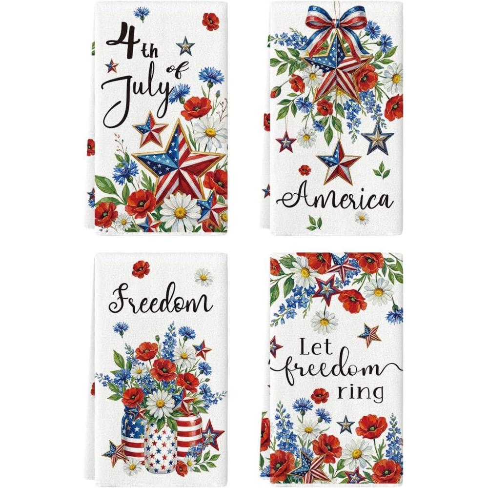 image:imageArtoid Mode Flower Star Vase Freedom 4th of July Kitchen Towels Dish Towels 18x26 Inch Independence Day Decoration Cleaning Set of 4