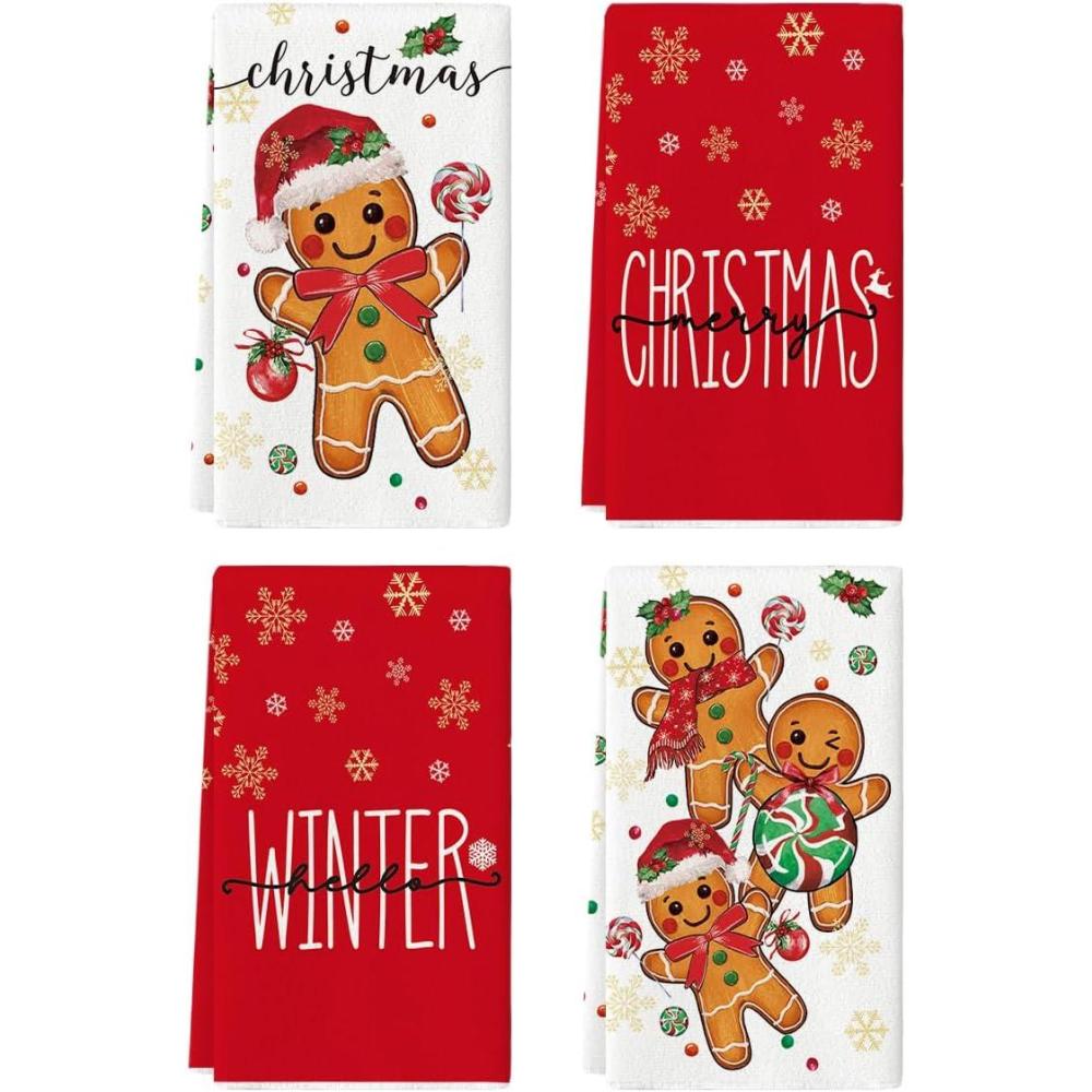 image:imageArtoid Mode Gingerbread Candy Merry Christmas Kitchen Towels Dish Towels 18x26 Inch Holiday Holly Xmas Ball Winter Decoration Hand Towels Set of 4