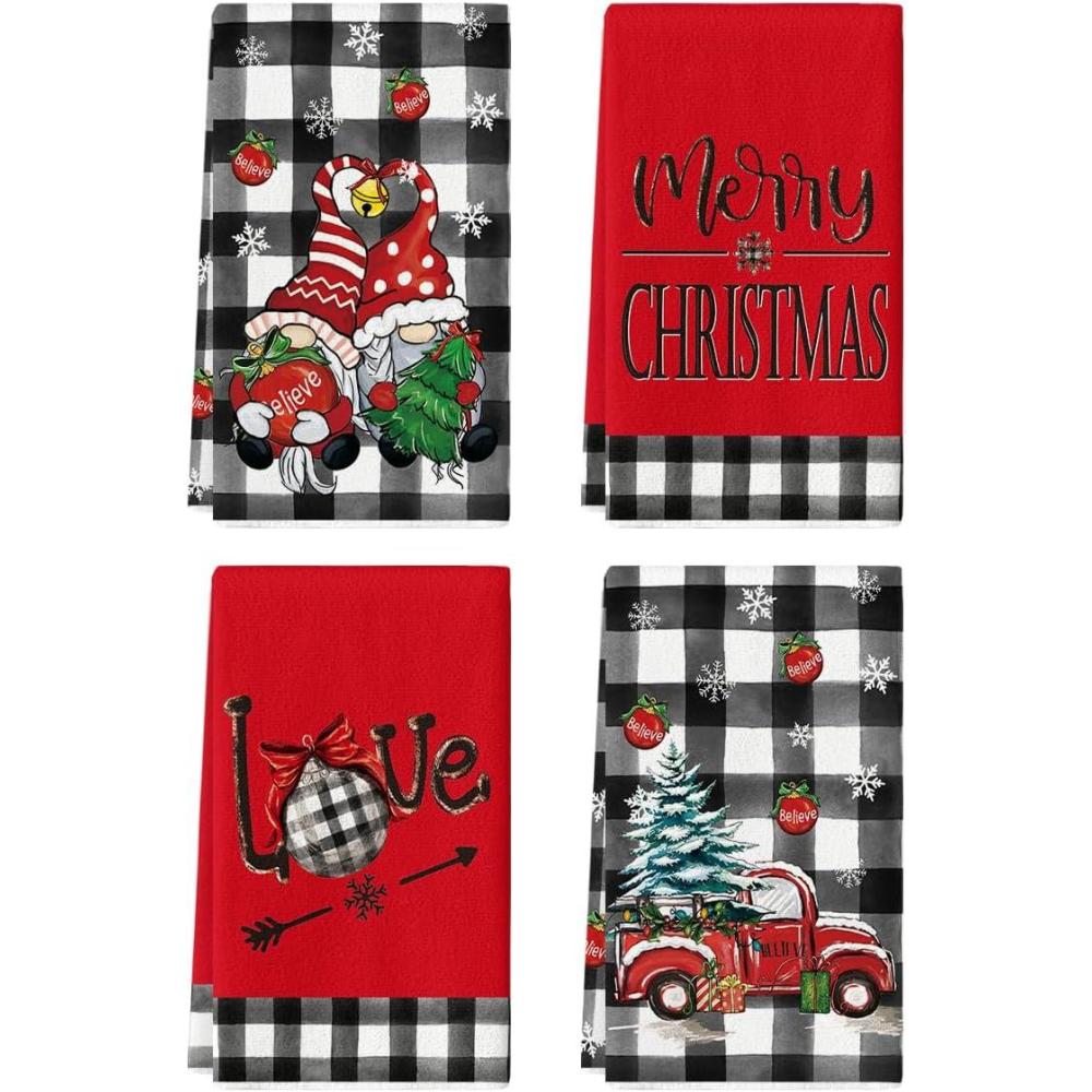 image:imageArtoid Mode Gnome Truck Believe Merry Christmas Kitchen Towels Dish Towels 18x26 Inch Farmhouse Holiday Winter Decoration Cleaning Set of 4Black