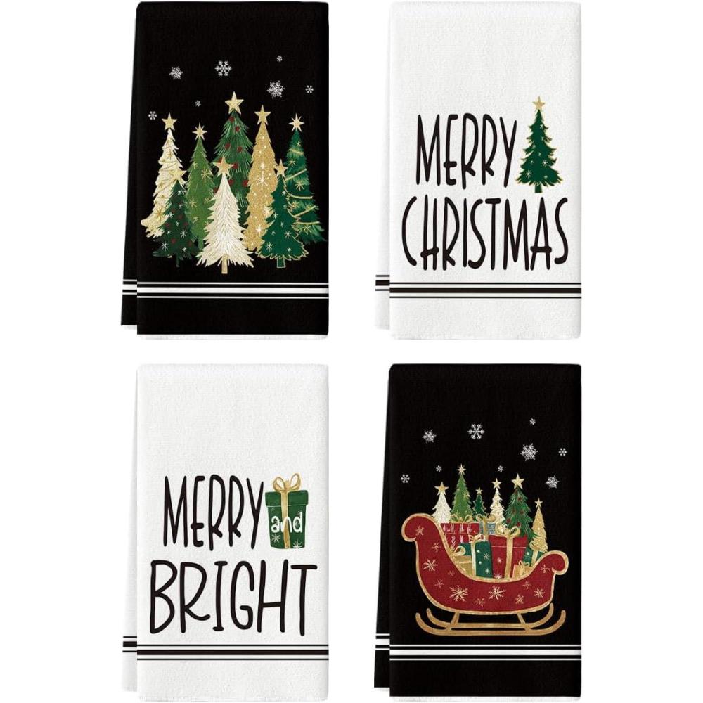 image:imageArtoid Mode Green Sleigh Star Xmas Tree Merry Christmas Kitchen Towels Dish Towels 18x26 Inch Farmhouse Holiday Winter Decoration Cleaning Set of 4Black