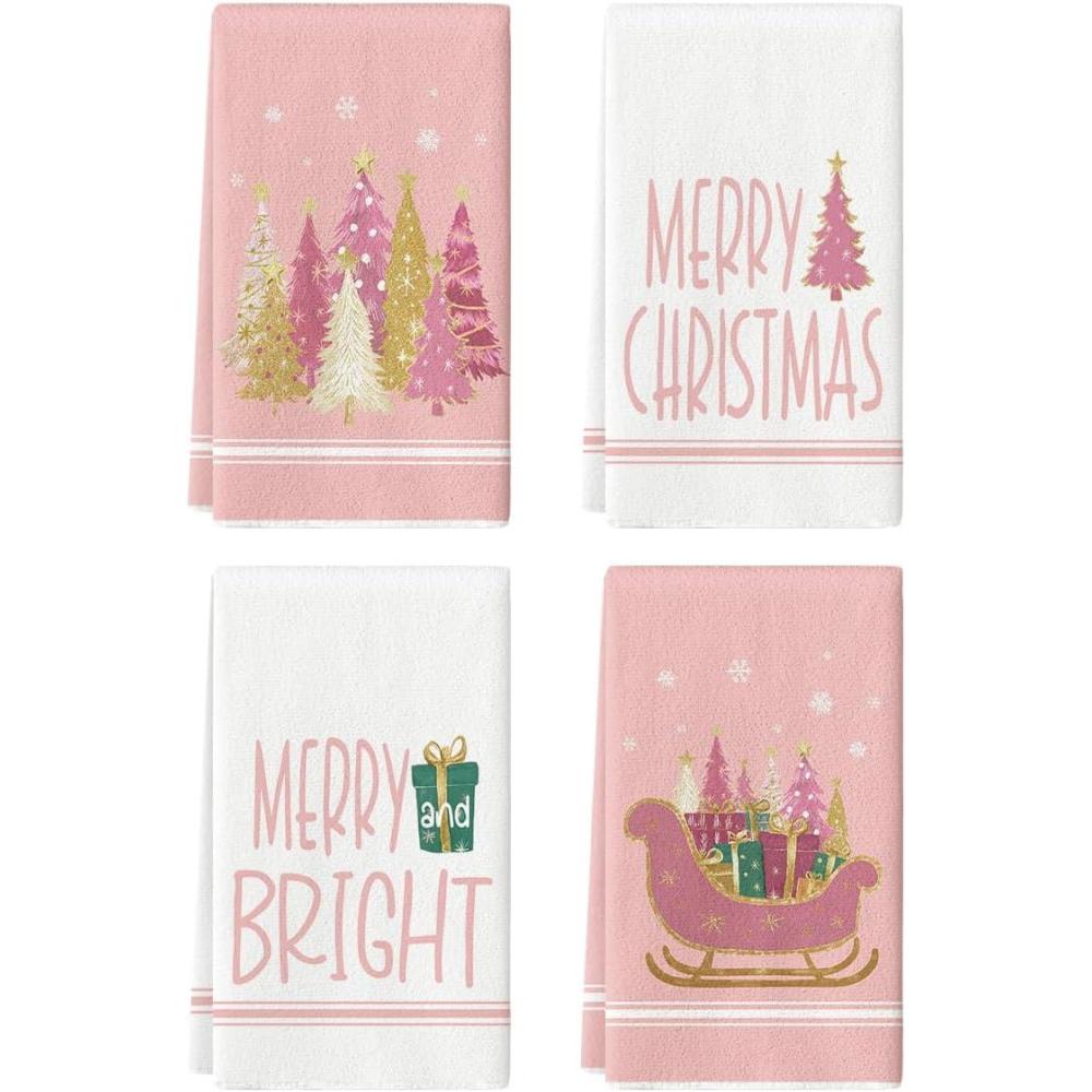 image:imageArtoid Mode Green Sleigh Star Xmas Tree Merry Christmas Kitchen Towels Dish Towels 18x26 Inch Farmhouse Holiday Winter Decoration Cleaning Set of 4Pink