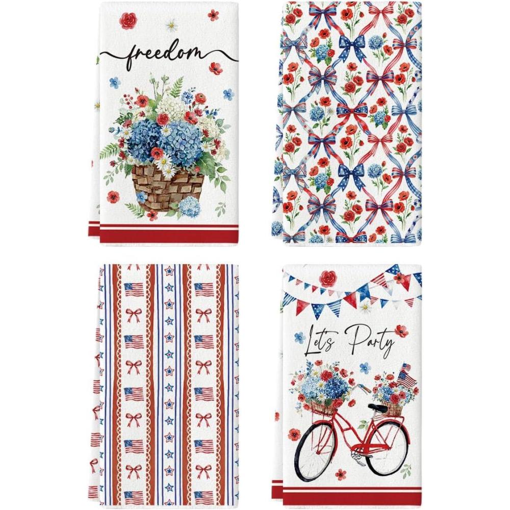 image:imageArtoid Mode Hydrangea Flower Basket Bicycle 4th of July Kitchen Towels Dish Towels 18x26 Inch Independence Day Decoration Cleaning Set of 4