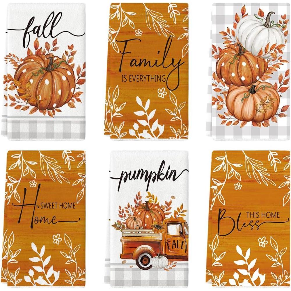 image:imageArtoid Mode Orange Buffalo Plaid Polka Dot Pumpkin Truck Fall Kitchen Towels Dish Towels 18x26 Inch Autumn Leaves Decoration Hand Towels Set of 6