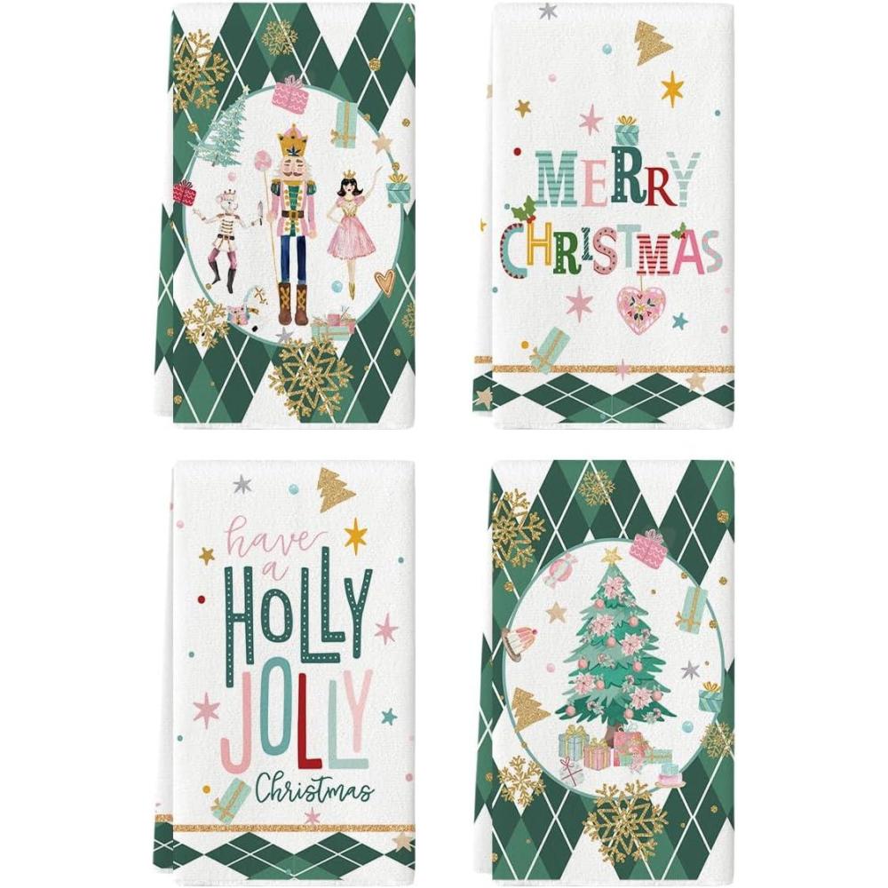 image:imageArtoid Mode Pink Nutcrackers Tree Holly Jolly Merry Christmas Kitchen Towels Dish Towels 18x26 Inch Seasonal Winter Xmas Decoration Hand Towels Set of 4Green