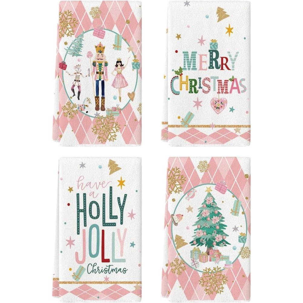 image:imageArtoid Mode Pink Nutcrackers Tree Holly Jolly Merry Christmas Kitchen Towels Dish Towels 18x26 Inch Seasonal Winter Xmas Decoration Hand Towels Set of 4Pink
