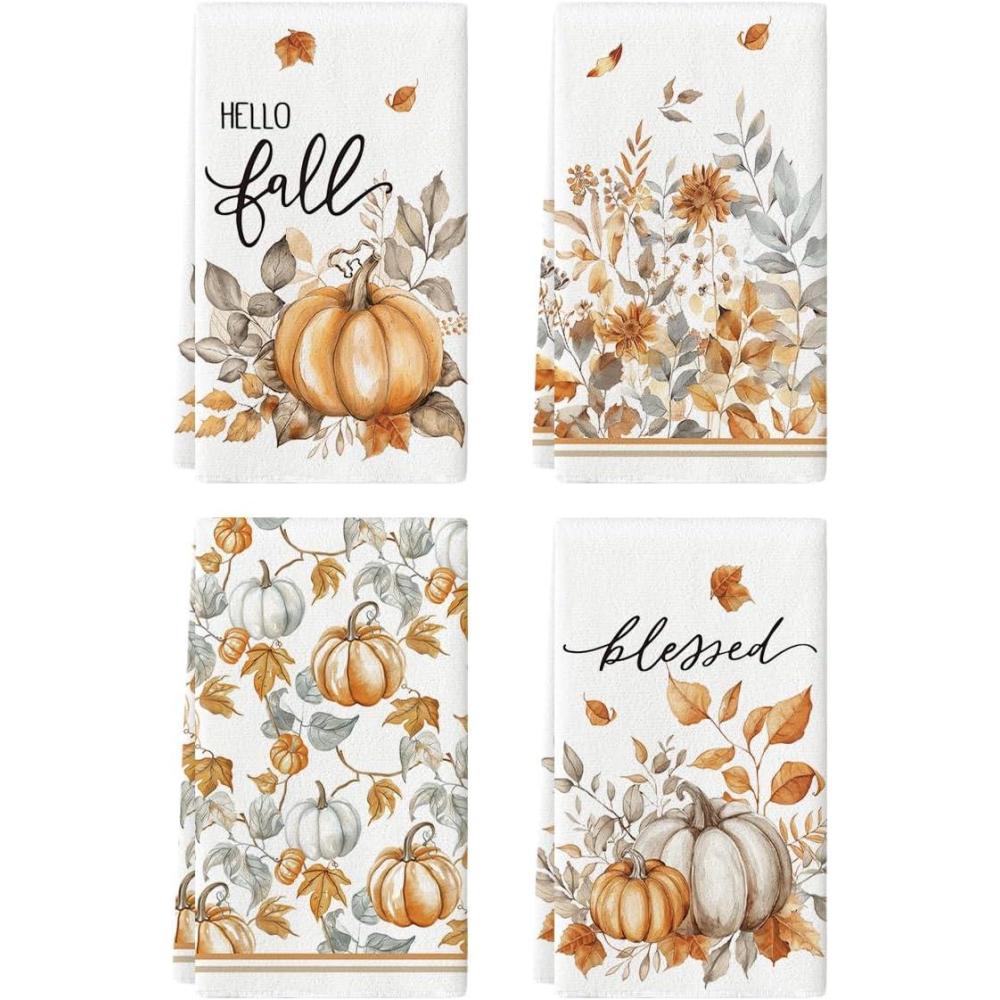 image:imageArtoid Mode Pumpkin Hello Fall Kitchen Towels Dish Towels 18x26 Inch Autumn Blessed Floral Leaves Decoration Hand Towels Set of 4