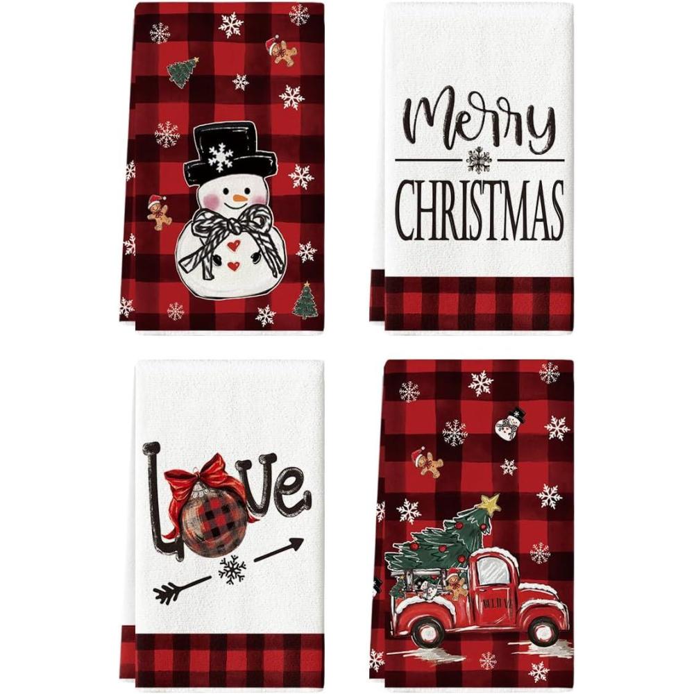image:imageArtoid Mode Red Buffalo Plaid Truck Snowman Christmas Kitchen Towels Dish Towels 18x26 Inch Farmhouse Holiday Winter Decoration Cleaning Set of 4Red