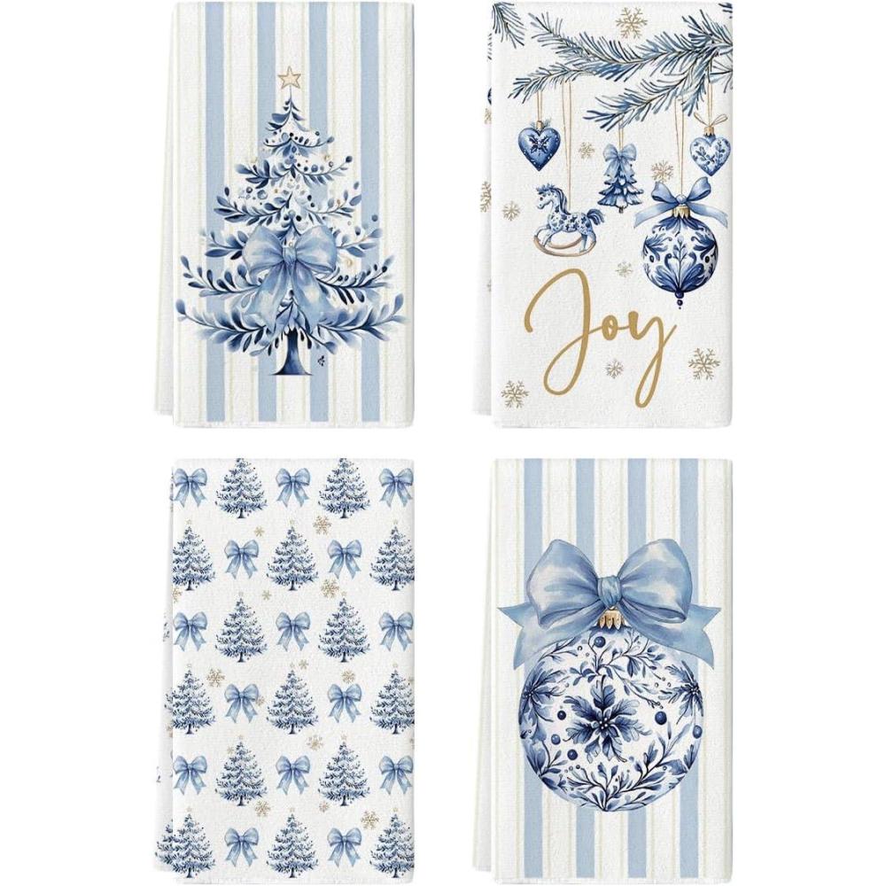 image:imageArtoid Mode Red Porcelain Ornaments Xmas Tree Christmas Kitchen Towels Dish Towels 18x26 Inch Farmhouse Holiday Winter Decoration Cleaning Set of 4Blue