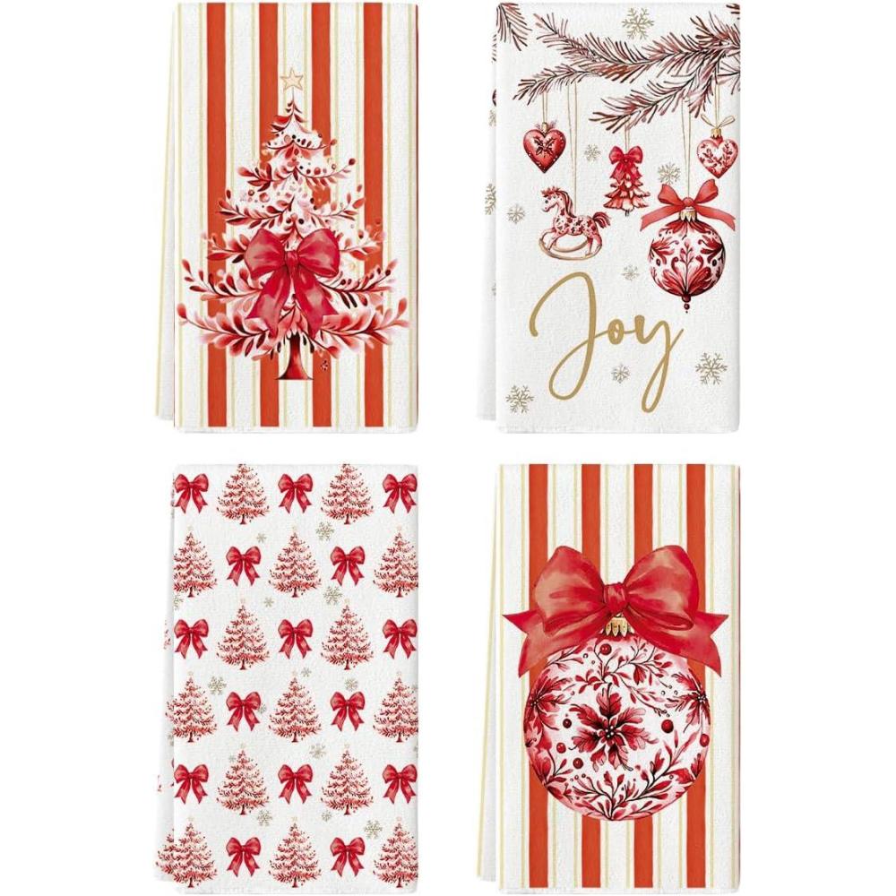 image:imageArtoid Mode Red Porcelain Ornaments Xmas Tree Christmas Kitchen Towels Dish Towels 18x26 Inch Farmhouse Holiday Winter Decoration Cleaning Set of 4Red