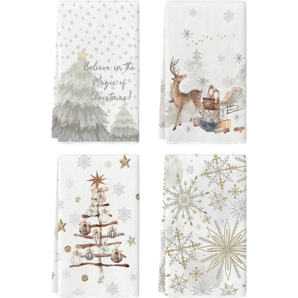 image:imageArtoid Mode Reindeer Snowflakes Xmas Tree Christmas Kitchen Towels Dish Towels 18x26 Inch Farmhouse Holiday Winter Decoration Cleaning Set of 4