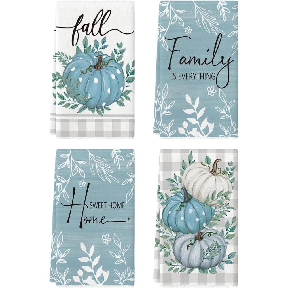 image:imageArtoid Mode Wood Polka Dot Orange Pumpkin Fall Kitchen Towels Dish Towels 18x26 Inch Farmhouse Eucalyptus Leaves Decoration Hand Towels Set of 4AquaBeige