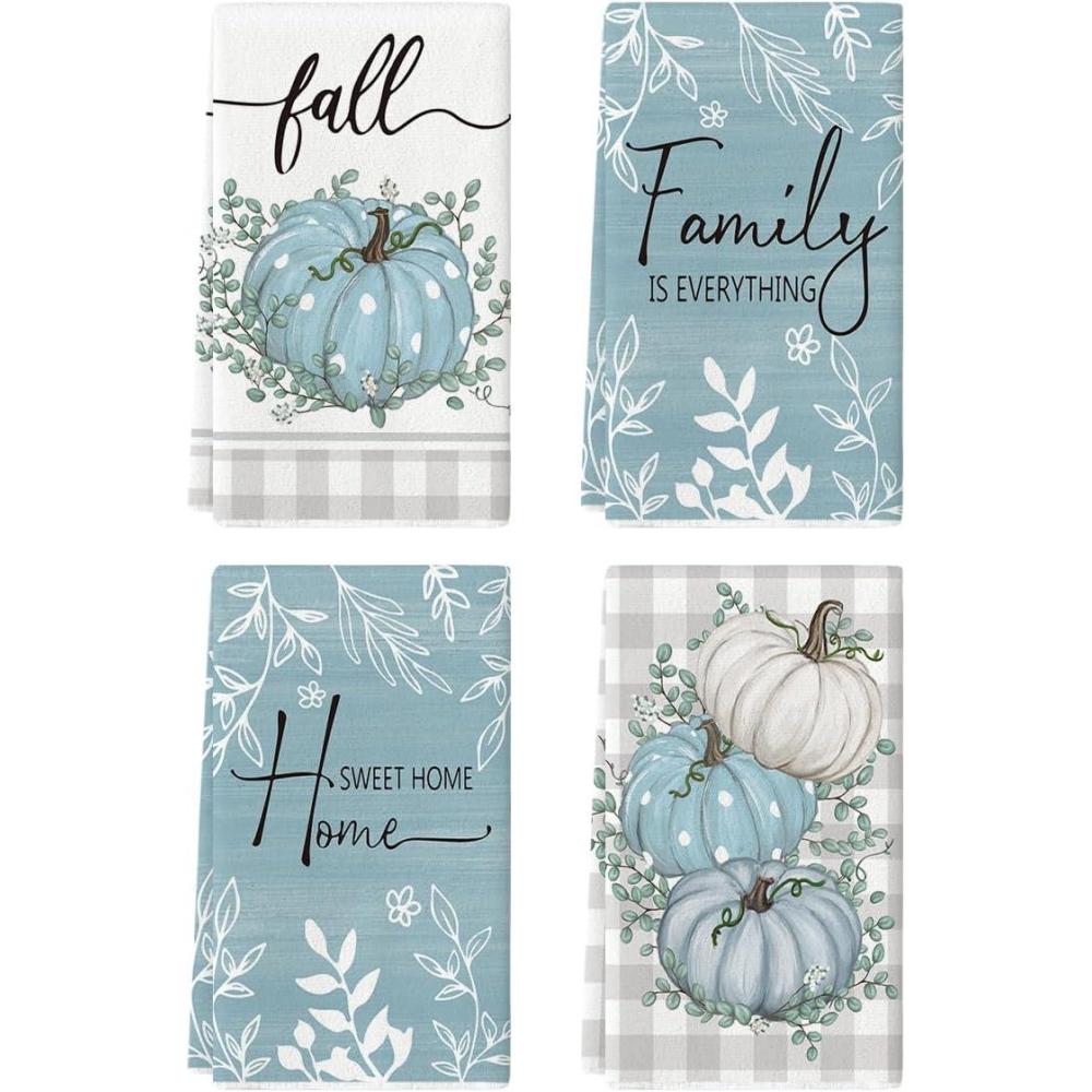 image:imageArtoid Mode Wood Polka Dot Orange Pumpkin Fall Kitchen Towels Dish Towels 18x26 Inch Farmhouse Eucalyptus Leaves Decoration Hand Towels Set of 4Blue