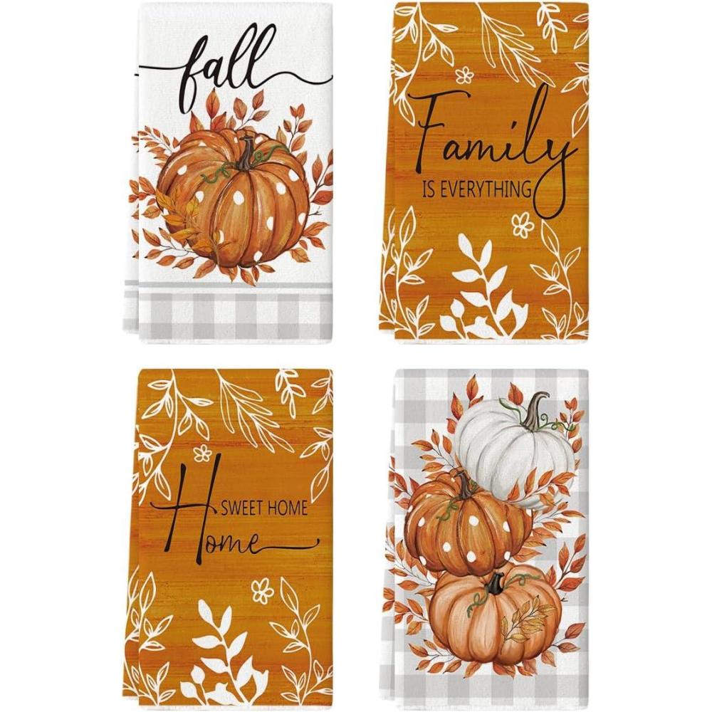 image:imageArtoid Mode Wood Polka Dot Orange Pumpkin Fall Kitchen Towels Dish Towels 18x26 Inch Farmhouse Eucalyptus Leaves Decoration Hand Towels Set of 4OrangeBeige