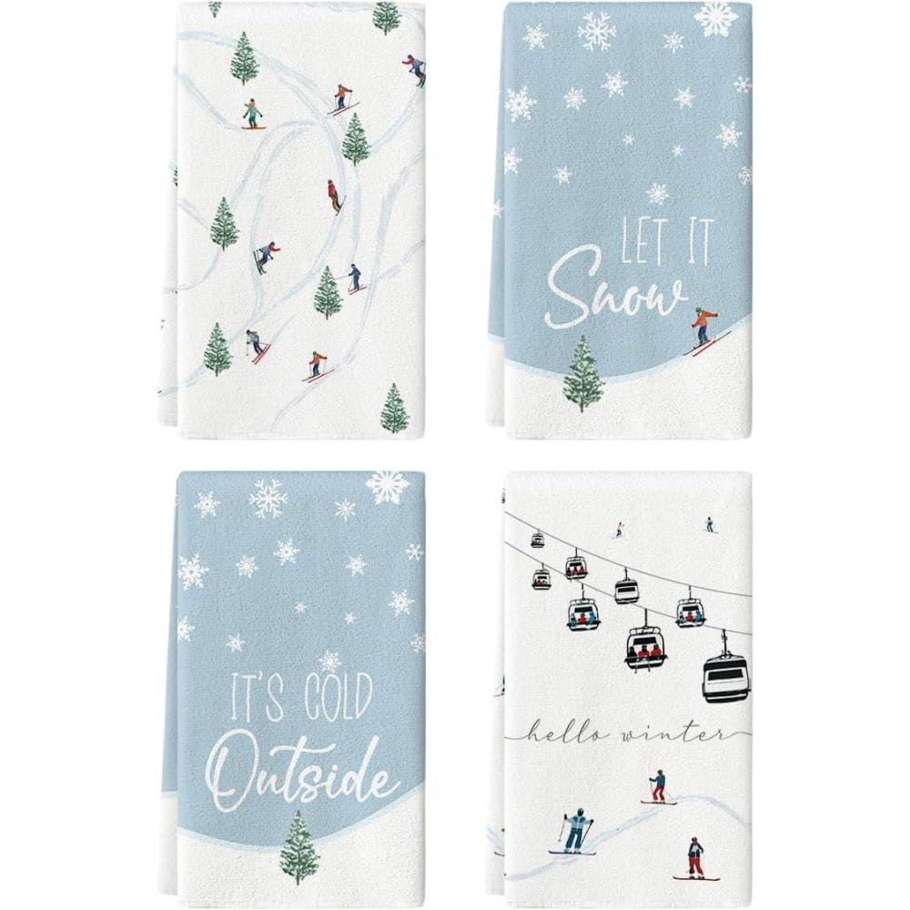 image:imageArtoid Mode Xmas Trees Cable Car Ski Winter Kitchen Towels Dish Towels 18x26 Inch Farmhouse Holiday Snowflake Decoration Cleaning Set of 4