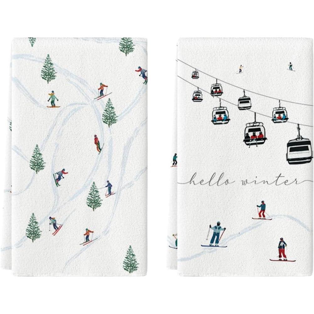 image:imageArtoid Mode Xmas Trees Ski Winter Kitchen Towels Dish Towels 18x26 Inch Farmhouse Christmas Snow Decoration Hand Towels Set of 2