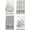 Artoid Mode Orange Watercolor Stripes Hello Pumpkin Fall Kitchen Towels Dish Towels, 18×26 Inch Leaves Decoration Hand Towels Set of 4(Grey)