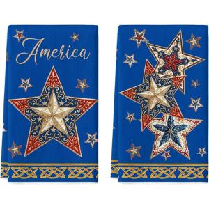 Artoid Mode Beige Lace Star America 4th of July Kitchen Towels Dish Towels, 18×26 Inch Independence Day Decoration Cleaning Set of 2(Blue)