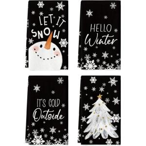 Artoid Mode Black Cute Snowman Hello Winter Kitchen Towels Dish Towels, 18×26 Inch Farmhouse Holiday Snowflake Decoration Cleaning Set of 4(Black)