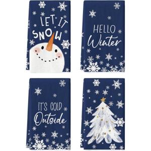 Artoid Mode Black Cute Snowman Hello Winter Kitchen Towels Dish Towels, 18×26 Inch Farmhouse Holiday Snowflake Decoration Cleaning Set of 4(Blue)